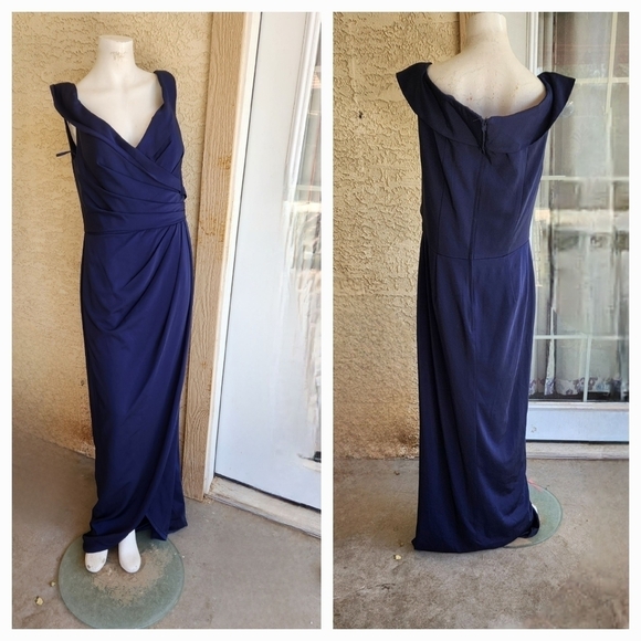La Femme‎  Royal Blue V-Neck Cap Sleeves Pleated Ruched Long Gown - Picture 3 of 3